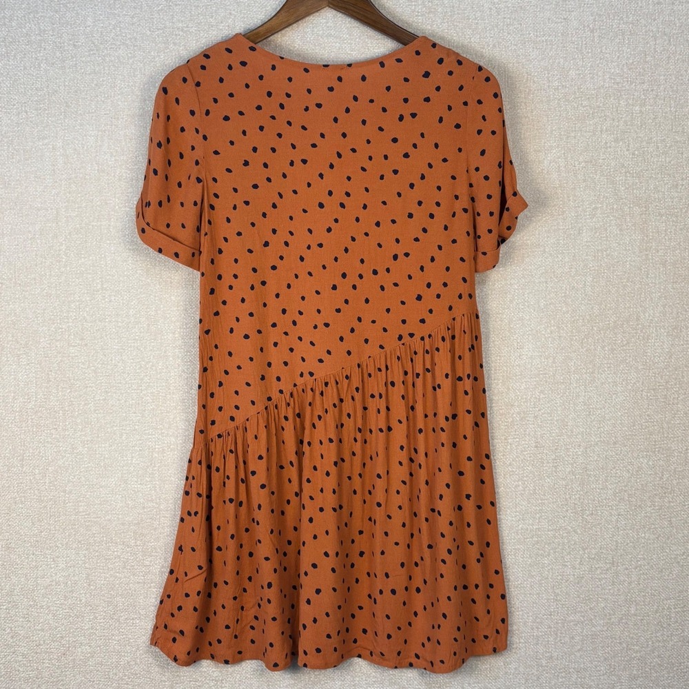 By Together Small Polka Dot Babydoll Mini Dress Rust Orange Black Short Sleeve